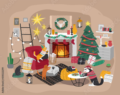 Christmas home decorations with pets. Scandinavian interior with cute cat and dog dressed in Christmas costumes. Cozy Winter holiday season. Illustration and New year typography in Hygge style