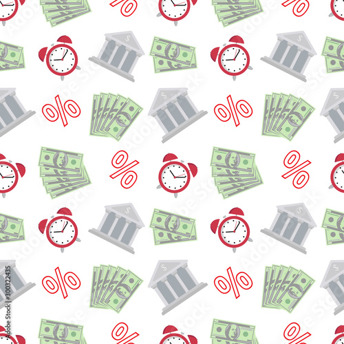 Financial accounting seamless pattern with flat icons. Bookkeeping background, tax optimization, loan, payroll, real estate crediting.