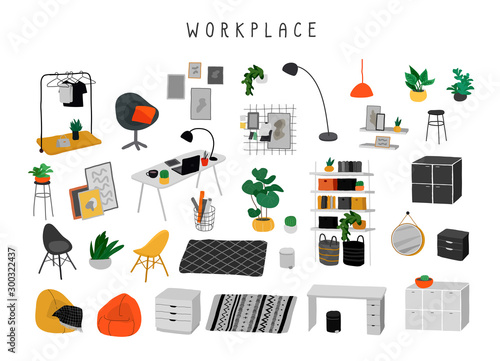 Set for workplace or home office with stylish comfy furniture and modern home decorations in trendy Scandinavian or hygge style. Cozy Interior furnished home plants. Flat cartoon vector illustration