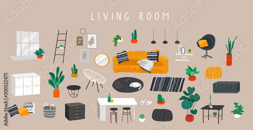 Stylish comfy furniture and modern home decorations bundle in trendy Scandinavian or hygge style. Cozy Interior living rooms or apartments furnished home plants. Flat cartoon vector illustration