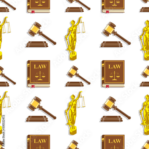 Law and justice seamless pattern. Balance and court, gavel and statue of themis justice, vector