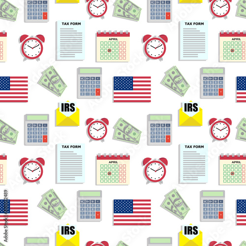 Financial accounting seamless pattern with flat icons. Bookkeeping background, tax optimization.