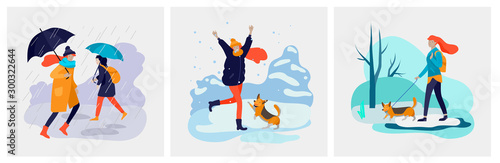 Young woman with her dog in various weather conditions. Girl in seasonal clothes and enjoys walking on street in rain, snowfall, summer heat. Colorful vector cartoon illustration