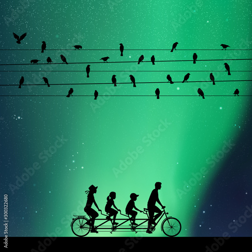 Family on bike tandem under birds on wires at night. Vector illustration with silhouettes of parents with children on road trip. Northern lights in starry sky. Colorful aurora borealis