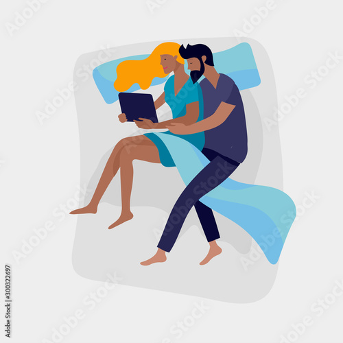 Sleeping people character. Family or lovers are sleep in bed together in various poses, different postures during night slumber. Top view. Colorful vector illustration