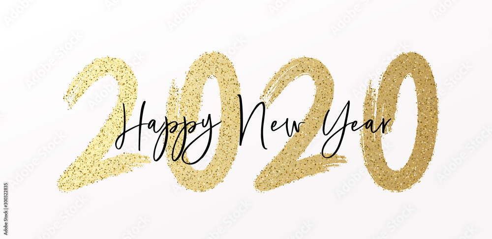 Szczęśliwego Nowego Roku 2020 z kaligrafią i pędzlem pomalowanym efektem brokatu i brokatu. Tło ilustracji wektorowych na Sylwestra i nowy rok uchwał i szczęśliwych życzeń <span>plik: #300322835 | autor: Pedro</span>