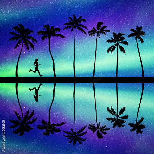 Girl running on palm beach at night. Vector illustration with silhouette of female runner. Summer beach sport. Northern lights in starry sky. Colorful aurora borealis