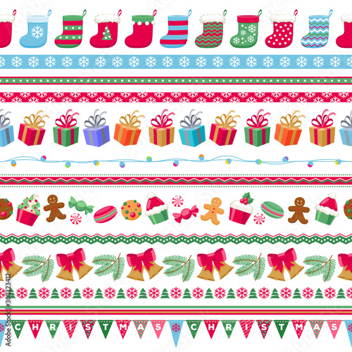 Colorful christmas icons borders set.