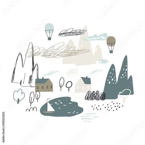 Obraz Skandynawski krajobraz. Śliczne małe domy na wzgórzu. Lot balonem. Jasny dziecinny krajobraz.