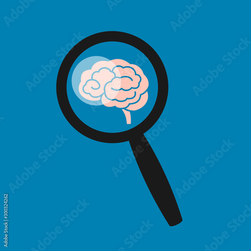 Brain exploration by magnifier glass - head is studied, researched, examined and inspected - neuroscience, neurology, and medical science. 