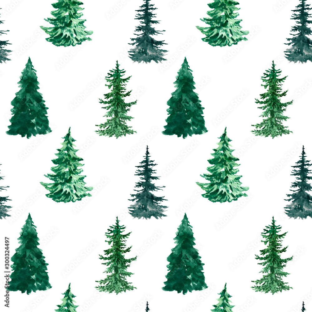 Watercolor pine tree seamless pattern. Hand painted spruce forest repeat  print on wite background. Winter illustration with evergreen tree. Christmas  backdrop. Stock Illustration | Adobe Stock