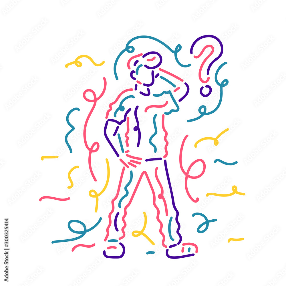 Man thinking - with question mark - creative idea. Concept of generation of innovative ideas, creative thought, creativity and imagination. Vector illustration in flat linear style. Man thinking - with question mark - creative idea. Concept of generation of innovative ideas, creative thought, creativity and imagination. Vector illustration in flat linear style.