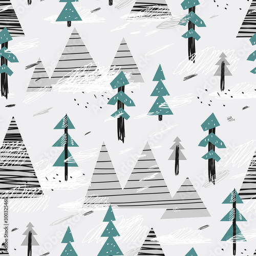 Cute seamless pattern with mountains and trees. Creative scandinavian woodland background. Vector illustration. Childish illustration.