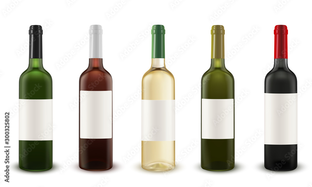 Fototapeta premium Realistic vector set of wine bottles of various colors of glass.