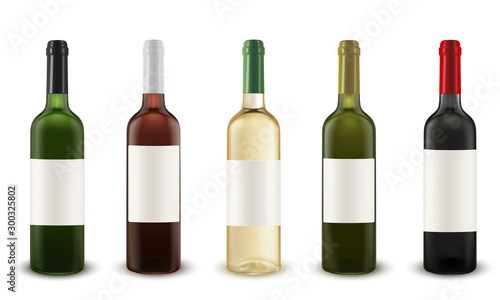 Realistic vector set of wine bottles of various colors of glass.