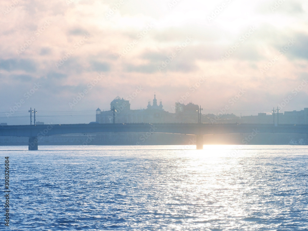 Dawn over Saint Petersburg, downtown, bridge. Toned image
