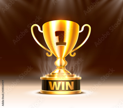 Winner cup gold sign. object on a red background.