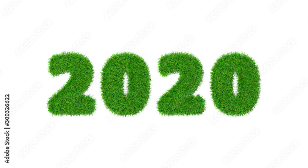 Happy New 2020 Year. Holiday new year green grass figures isolated on white background. 3d render Happy New 2020 Year. Holiday new year green grass figures isolated on white background. 3d render