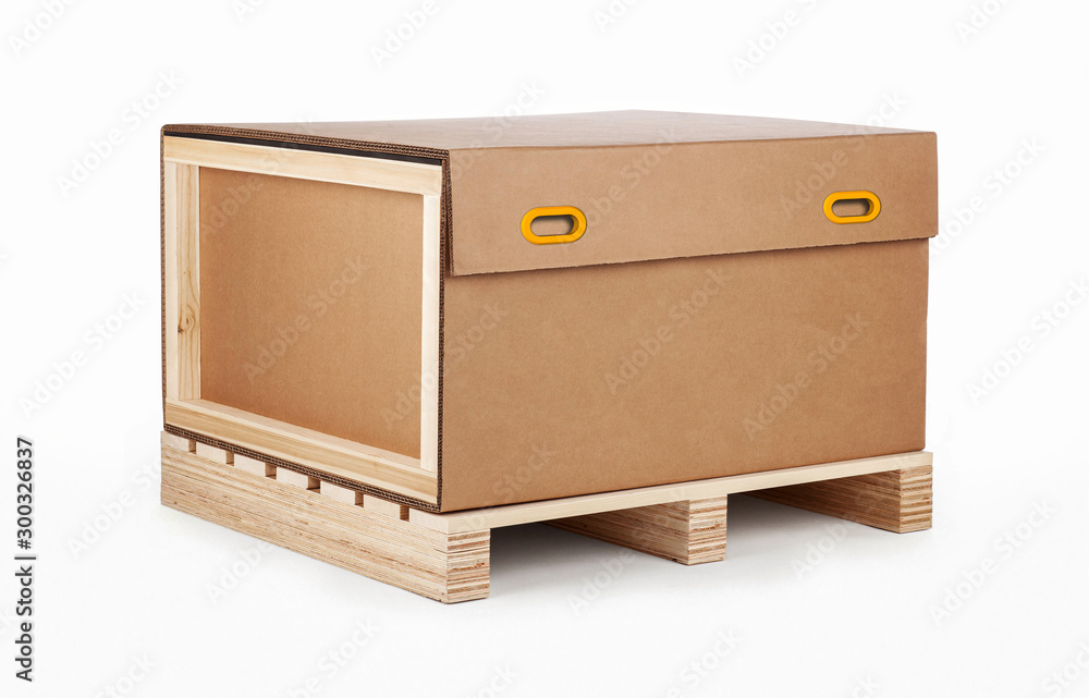 Cargo box on wooden pallet, delivery and transportation logistics, storage warehouse industry, business commercial concept, 3d illustration Cargo box on wooden pallet, delivery and transportation logistics, storage warehouse industry, business commercial concept, 3d illustration