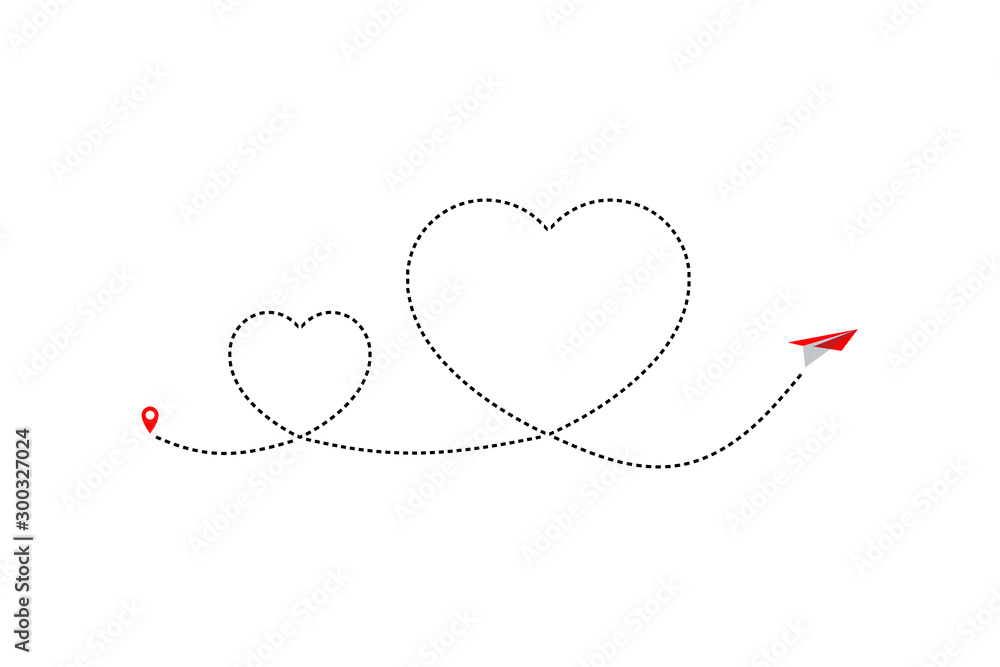 Doted line heart path vector icon of paper plane flight route with start point and dash line trace Doted line heart path vector icon of paper plane flight route with start point and dash line trace