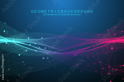 Expansion of life. Colorful explosion background with connected line and dots, wave flow. Visualization Quantum technology. Abstract graphic background explosion, motion burst, vector illustration.