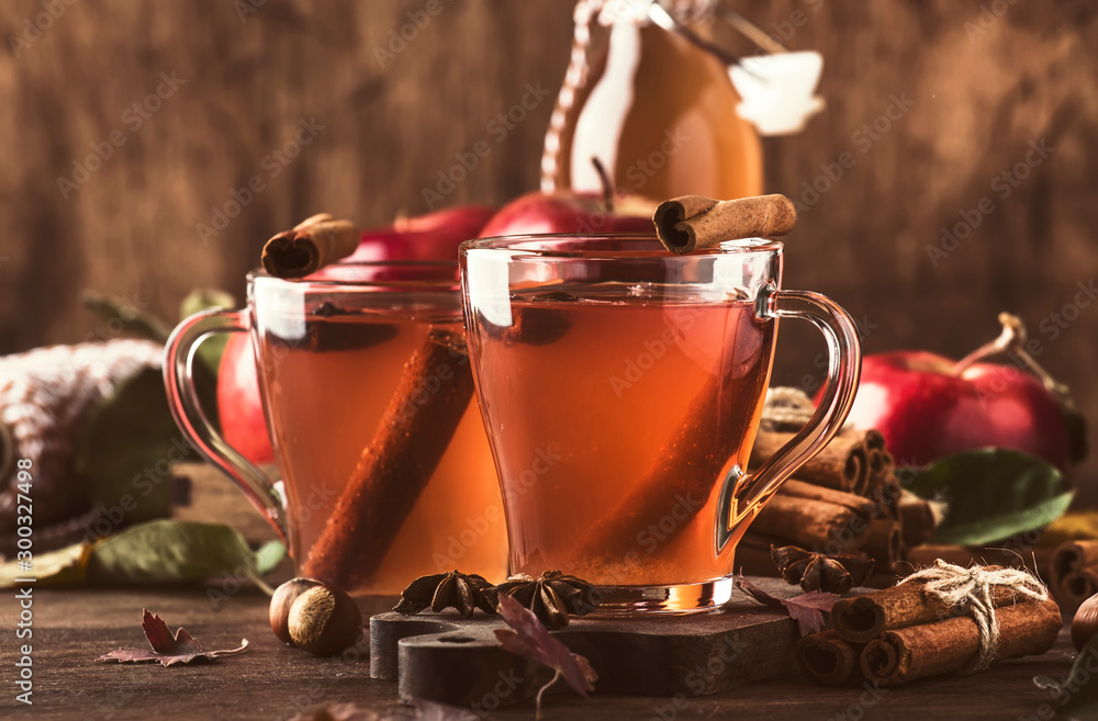 Hot mulled apple cider vinegar with cinnamon sticks, cloves and anise on wooden background. Traditional autumn, winter drinks and cocktails - obrazy, fototapety, plakaty 