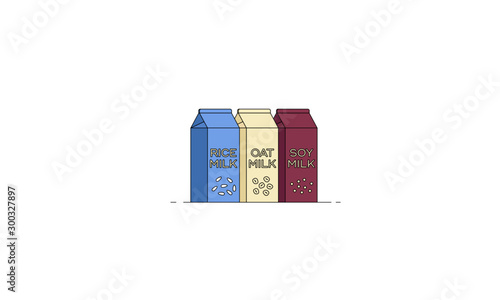 Vegan milk vector illustration. Flat linear illustration of three types of vegan milk - soy milk, oat milk and rice milk. Lactose free milk. Healthy eating concept.