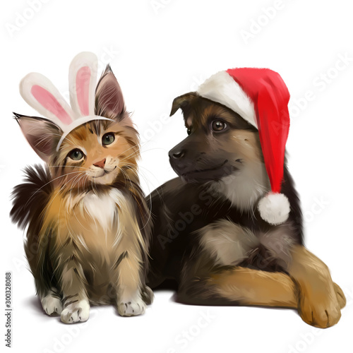 Fototapeta Naklejka Na Ścianę i Meble -  Puppy and kitty sitting side by side. Christmas costumes