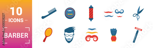 Barber Shop icon set. Include creative elements scissors, foam brush, straight razors cross, towel, mirror icons. Can be used for report, presentation, diagram, web design