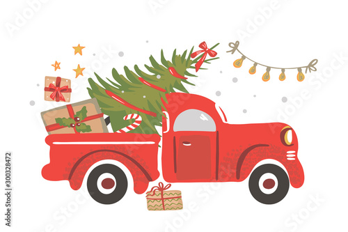 Christmas truck. Vintage vector illustration Christmas red truck with a Christmas tree.