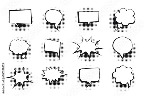 Retro empty comic bubbles and elements set with halftone shadows on white background. Vector illustration, vintage design, pop art style. Vector illustration