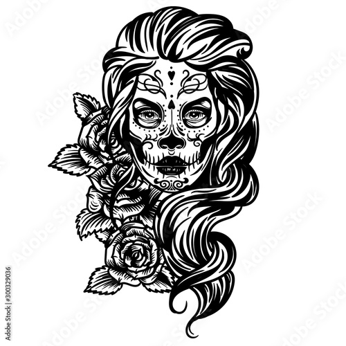 Vector hand drawn tattoo illustration of skull girl with roses. Skull sugar flower. Skull tattoo isolated on white.Day Of The Dead Skull.