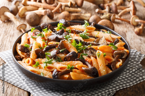 Italian hot pasta with roasted honey mushrooms  parmesan and tomato sauce close-up in a plate. horizontal