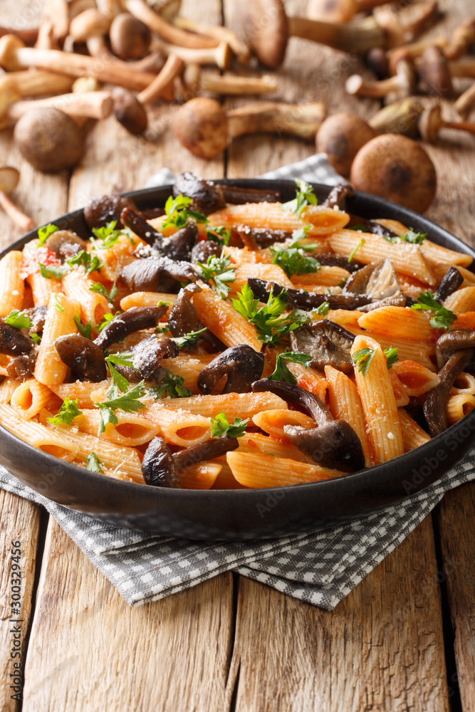 Delicious penne pasta with autumn honey fungus and tomato sauce close-up in a plate. vertical Delicious penne pasta with autumn honey fungus and tomato sauce close-up in a plate. vertical