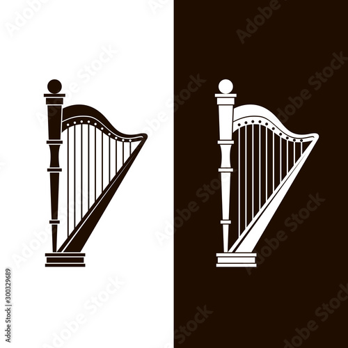 stringed harp icons set isolated on white and black background