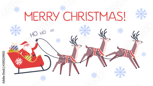 Santa Claus in sleigh and running deer. Christmas character with gift