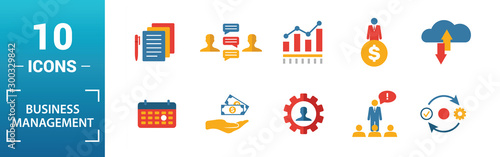 Business Management icon set. Include creative elements expert opinion, budget balance, sponsor, discussion, key event icons. Can be used for report, presentation, diagram, web design