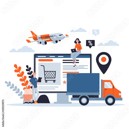Fast delivery service. Courier with box gives parcel to woman.