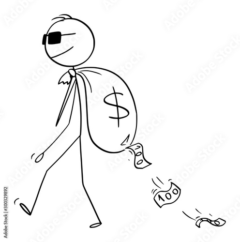 Vector cartoon stick figure drawing conceptual illustration of man, criminal, secret agent or businessman with sunglasses carrying bug money bag on his bag with dollar currency symbol.