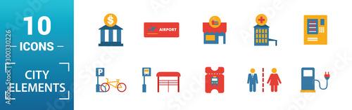 City Elements icon set. Include creative elements restroom sign, public park, bicycle parking, hostel, playground icons. Can be used for report, presentation, diagram, web design
