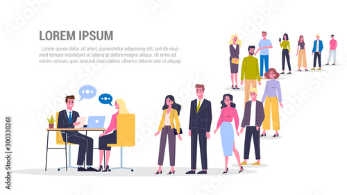 Vector illustration of big queue of people standing towards a manager