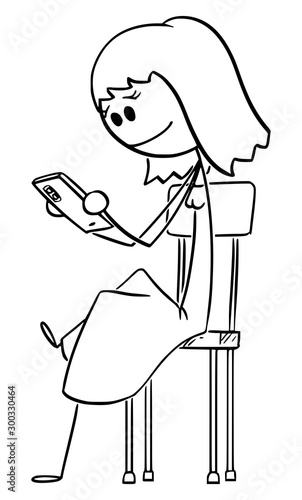 Vector cartoon stick figure drawing conceptual illustration of woman sitting on chair and using mobile phone or smartphone and checking social networks or media.
