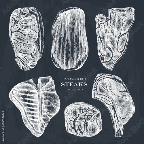 Raw meat top view sketches collection. Vector illustrations of Filet mignon, rib eye, strip, flank, 7-bone, t-bone steaks. Hand drawn cuts of beef.  Steak house, grill restaurant menu on chalkboard