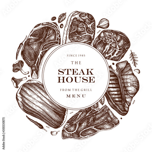 Beef steaks vector wreath design. Raw meat top view drawings. Hand drawn cuts of beef, vegetables, spices. Steak house, meat restaurant menu template. Food for grill vintage background