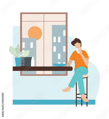 Man having a breakfast in the morning. Adult male character