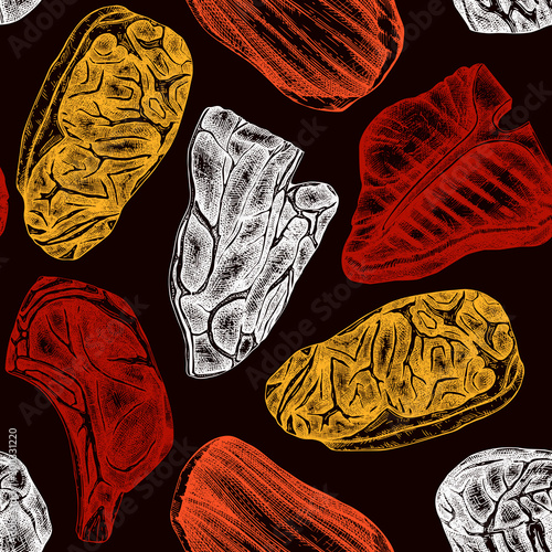 Beef steaks vector backdrop. Raw meat top view seamless pattern. Hand drawn cuts of beef, vegetables, spices. Steak house, meat restaurant menu design . Food for grill vintage background.