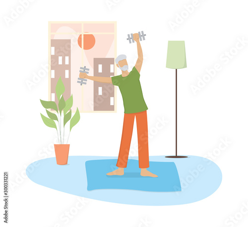 Vector illustration of an old man doing fitness activity with dumbbells