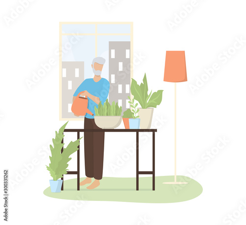 Vector illustratiion of an old man wattering his home garden. photo