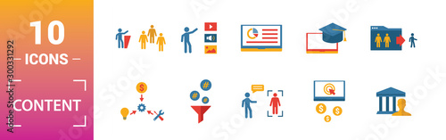 Content icon set. Include creative elements cost per click, crowdsourcing, curation, exit rate, gamification icons. Can be used for report, presentation, diagram, web design