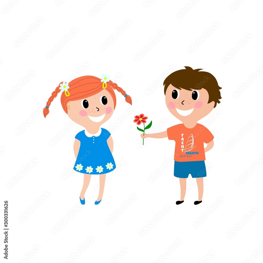 Cute Cartoon boy gives a girl flowers ,vector illustration Cute Cartoon boy gives a girl flowers ,vector illustration